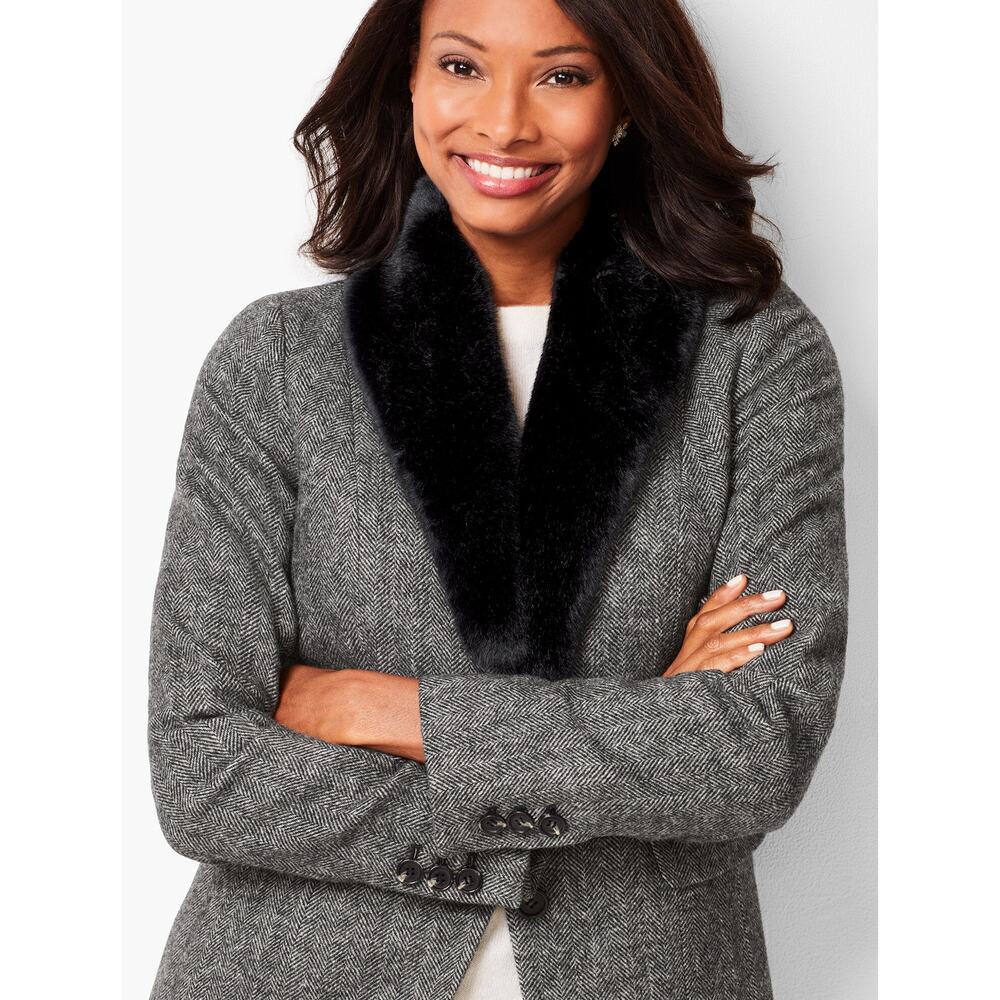 Talbots Herringbone Aberdeen Shetland Removable Faux Fur Collar Blazer Gray 14